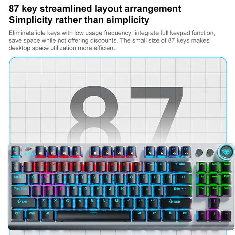 AULA F3001 Backlit 87 Keys Wired/Wireless/Bluetooth Three Model Mechanical Gaming Keyboard(Silver...
