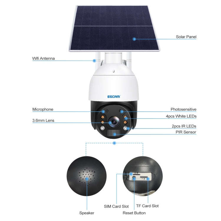 ESCAM QF724 3MP 24h Recording Cloud Storage PT 4G PIR Alarm IP Camera with Solar Panel, AU Signal...