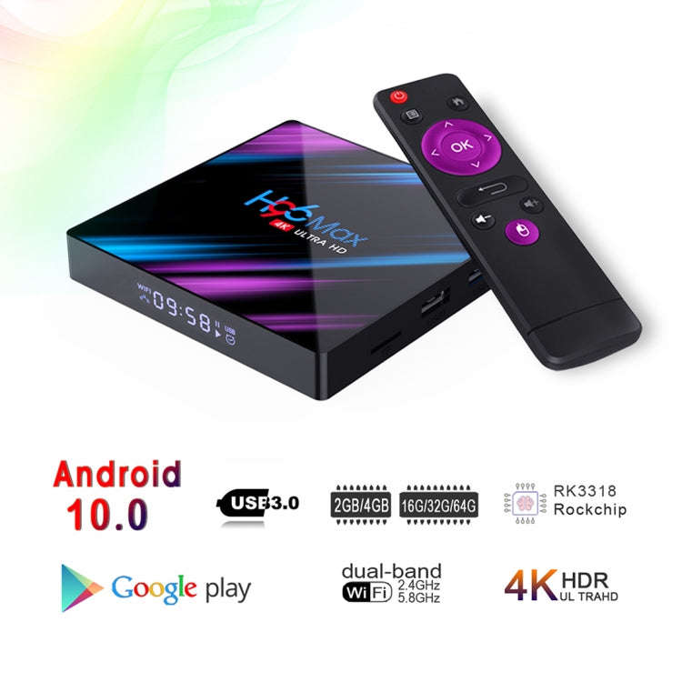 H96 Max-3318 4K Ultra HD Android TV Box with Remote Controller, Android 10.0, RK3318 Quad-Core 64...
