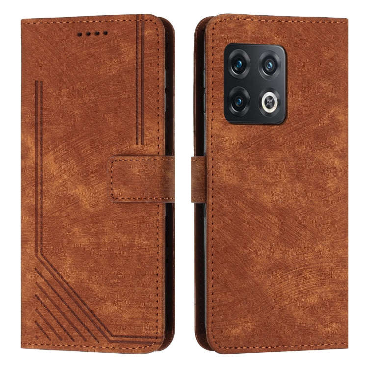 For OnePlus 10 Pro Skin Feel Stripe Pattern Leather Phone Case with Lanyard(Brown)