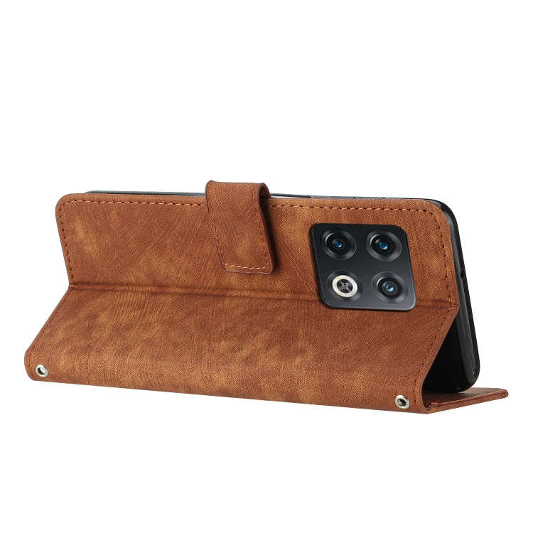 For OnePlus 10 Pro Skin Feel Stripe Pattern Leather Phone Case with Lanyard(Brown)