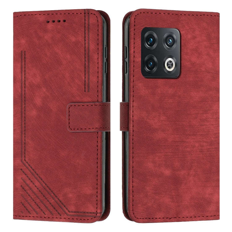 For OnePlus 10 Pro Skin Feel Stripe Pattern Leather Phone Case with Lanyard(Red)