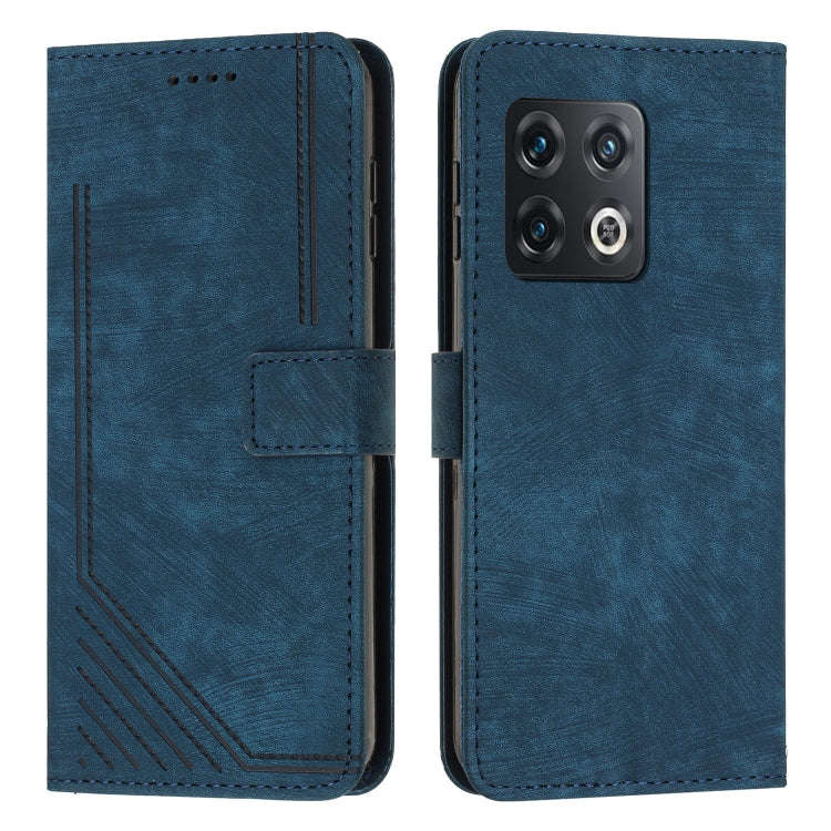 For OnePlus 10 Pro Skin Feel Stripe Pattern Leather Phone Case with Lanyard(Blue)