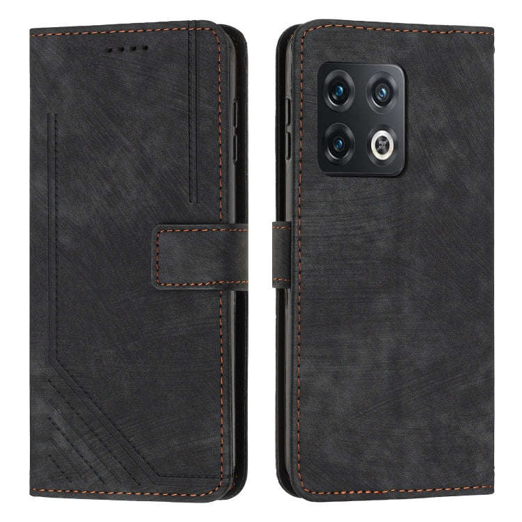 For OnePlus 10 Pro Skin Feel Stripe Pattern Leather Phone Case with Lanyard(Black)