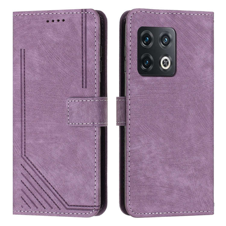 For OnePlus 10 Pro Skin Feel Stripe Pattern Leather Phone Case with Lanyard(Purple)