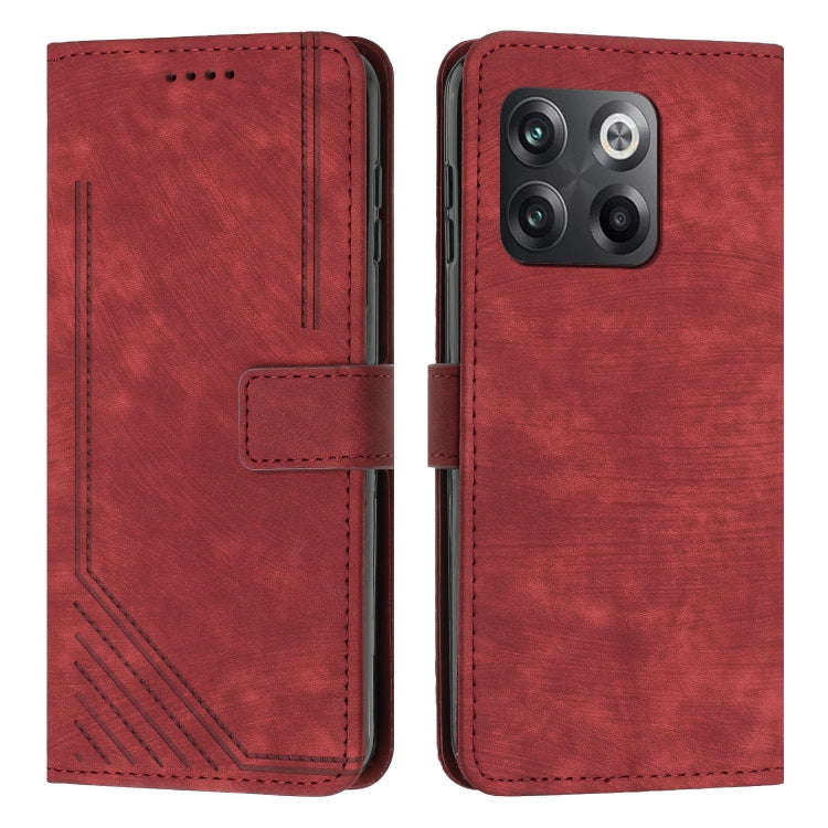For OnePlus 10T 5G Global Skin Feel Stripe Pattern Leather Phone Case with Lanyard(Red)