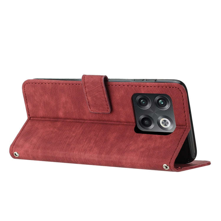 For OnePlus 10T 5G Global Skin Feel Stripe Pattern Leather Phone Case with Lanyard(Red)