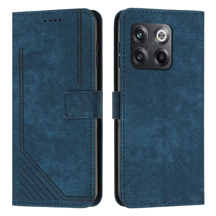 For OnePlus 10T 5G Global Skin Feel Stripe Pattern Leather Phone Case with Lanyard(Blue)