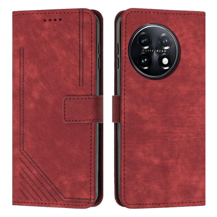 For OnePlus 11 Skin Feel Stripe Pattern Leather Phone Case with Lanyard(Red)