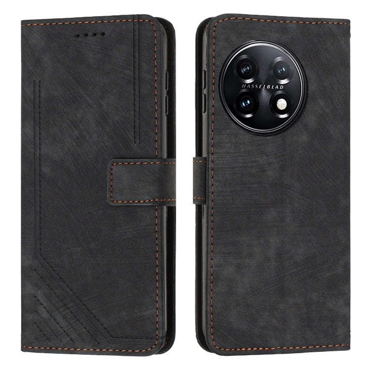 For OnePlus 11 Skin Feel Stripe Pattern Leather Phone Case with Lanyard(Black)