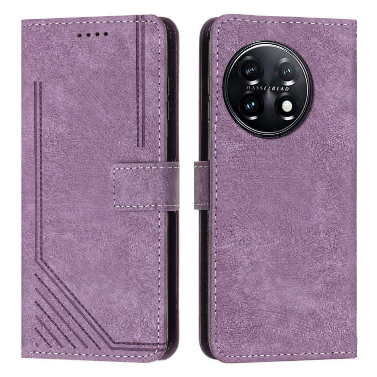 For OnePlus 11 Skin Feel Stripe Pattern Leather Phone Case with Lanyard(Purple)