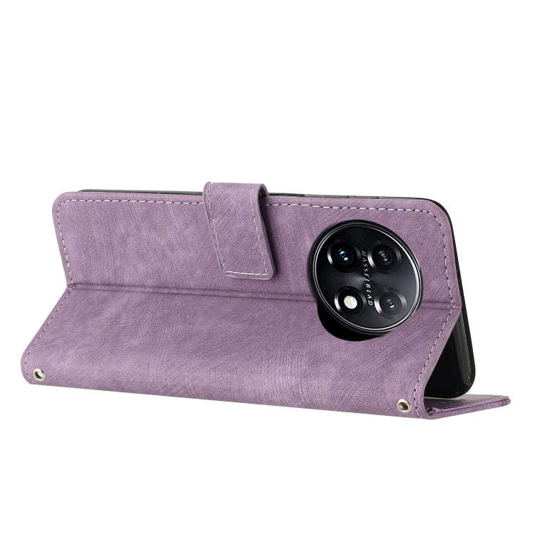 For OnePlus 11 Skin Feel Stripe Pattern Leather Phone Case with Lanyard(Purple)
