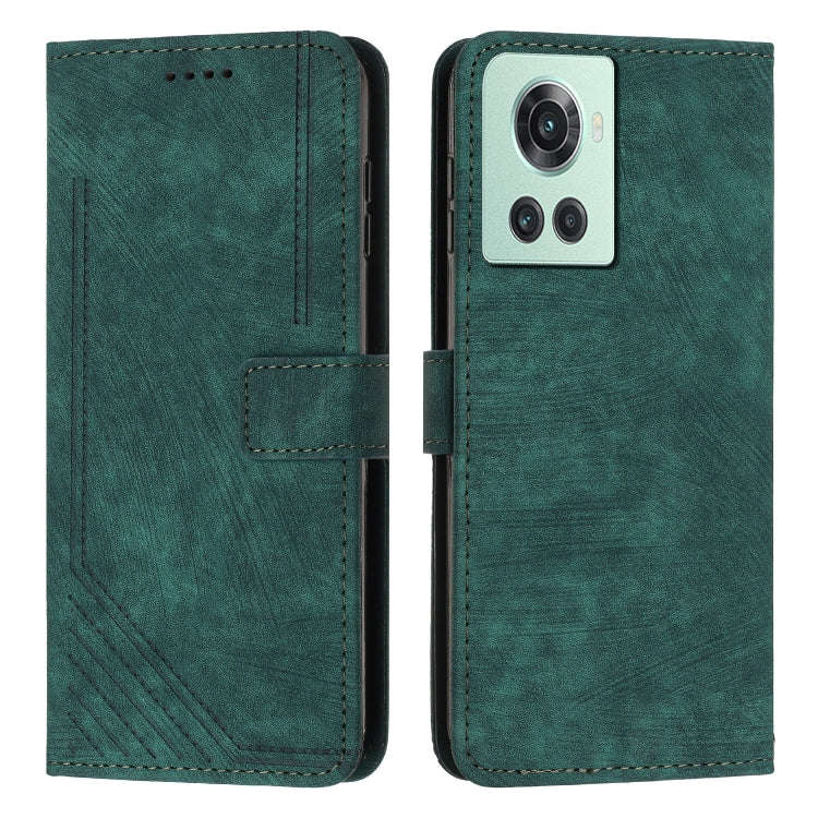 For OnePlus Ace 5G Skin Feel Stripe Pattern Leather Phone Case with Lanyard(Green)