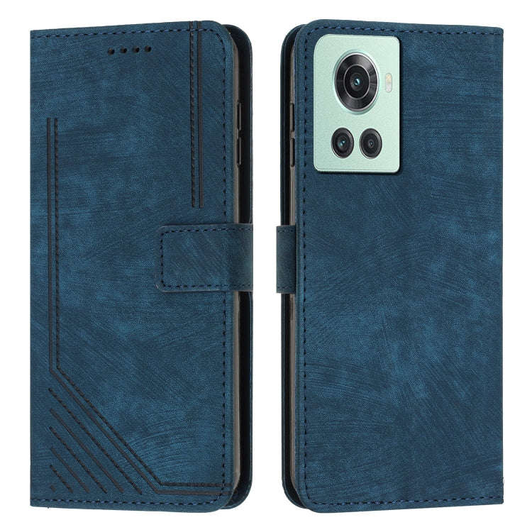 For OnePlus Ace 5G Skin Feel Stripe Pattern Leather Phone Case with Lanyard(Blue)