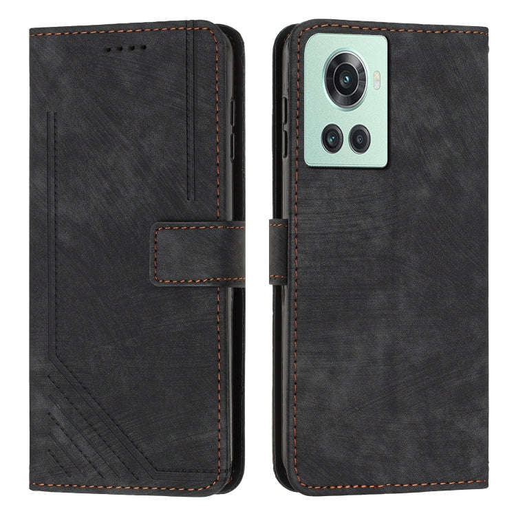 For OnePlus Ace 5G Skin Feel Stripe Pattern Leather Phone Case with Lanyard(Black)