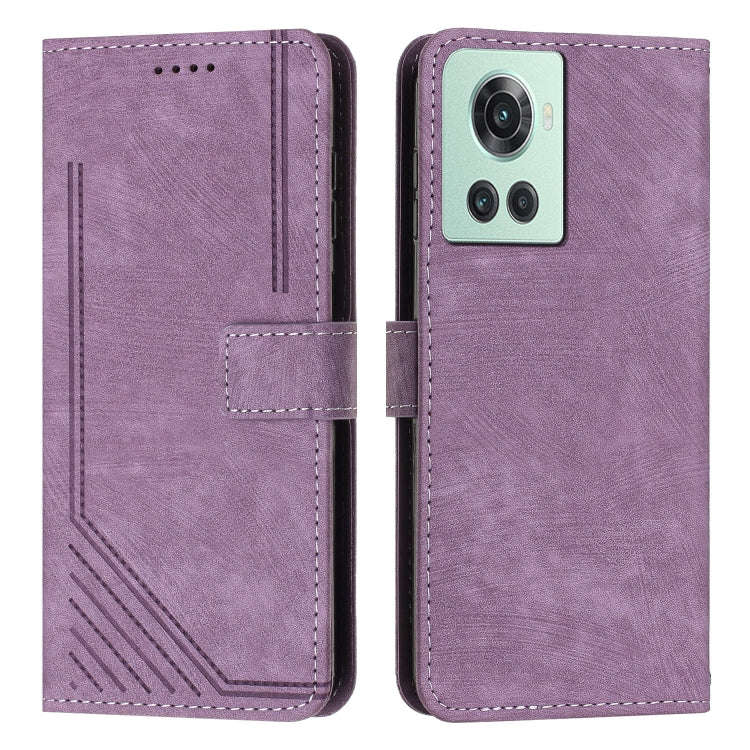 For OnePlus Ace 5G Skin Feel Stripe Pattern Leather Phone Case with Lanyard(Purple)