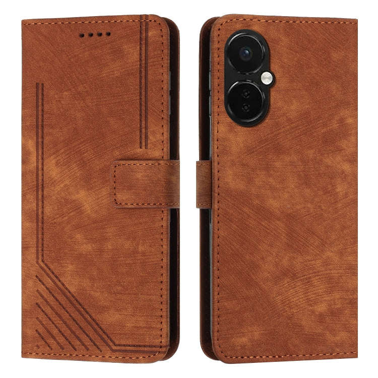 For OnePlus Nord CE 3 Skin Feel Stripe Pattern Leather Phone Case with Lanyard(Brown)