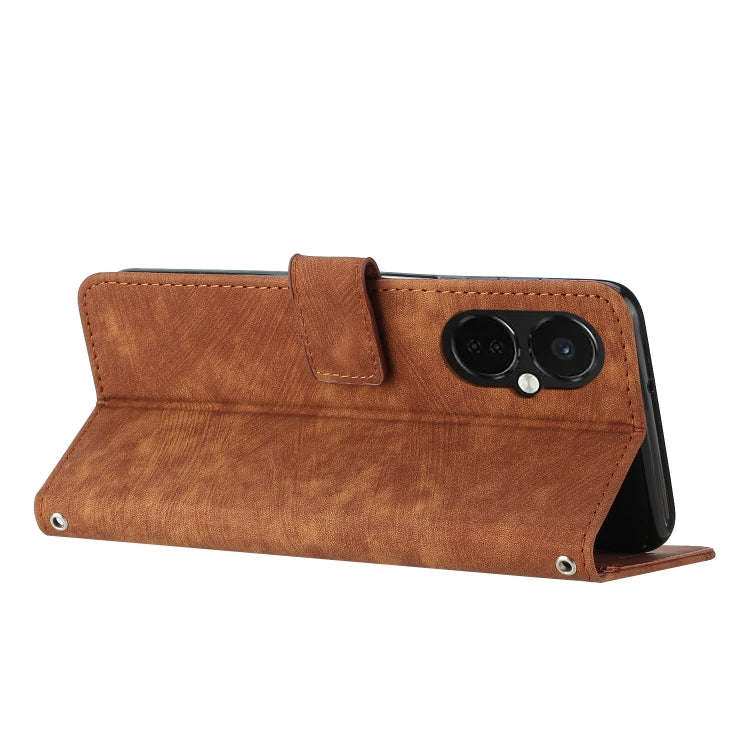 For OnePlus Nord CE 3 Skin Feel Stripe Pattern Leather Phone Case with Lanyard(Brown)