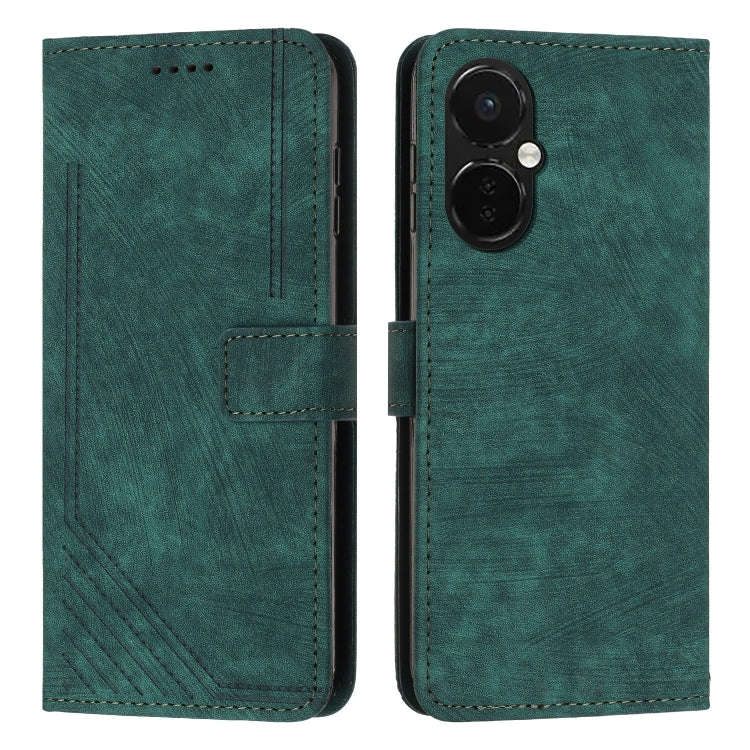 For OnePlus Nord CE 3 Skin Feel Stripe Pattern Leather Phone Case with Lanyard(Green)