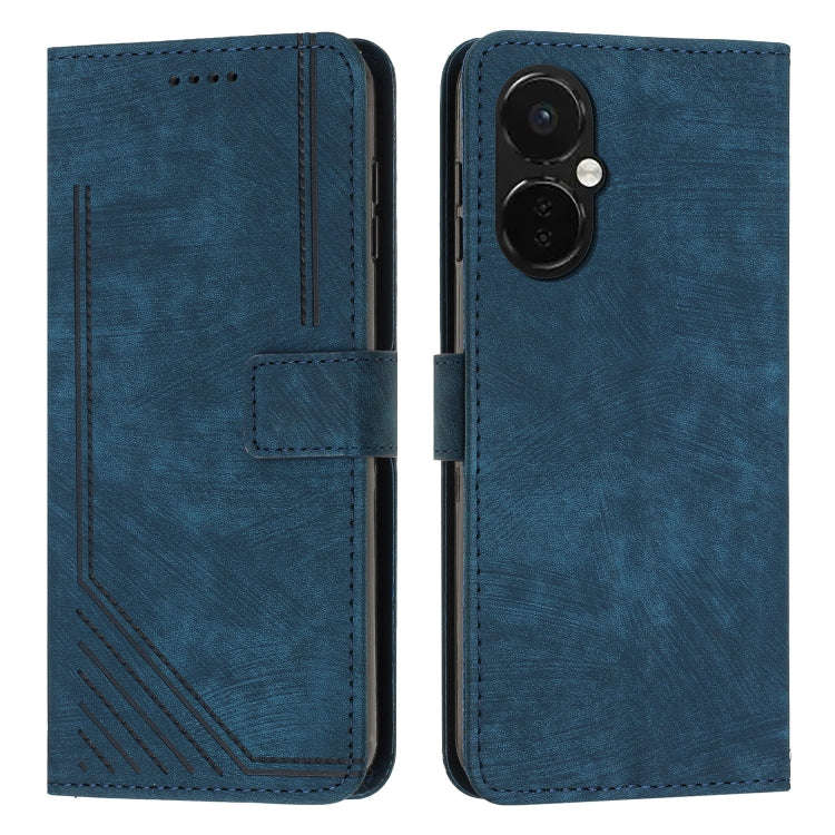 For OnePlus Nord CE 3 Skin Feel Stripe Pattern Leather Phone Case with Lanyard(Blue)