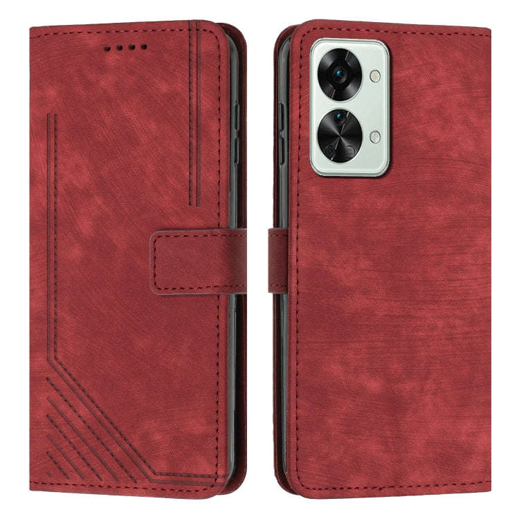 For OnePlus Nord 2T Skin Feel Stripe Pattern Leather Phone Case with Lanyard(Red)
