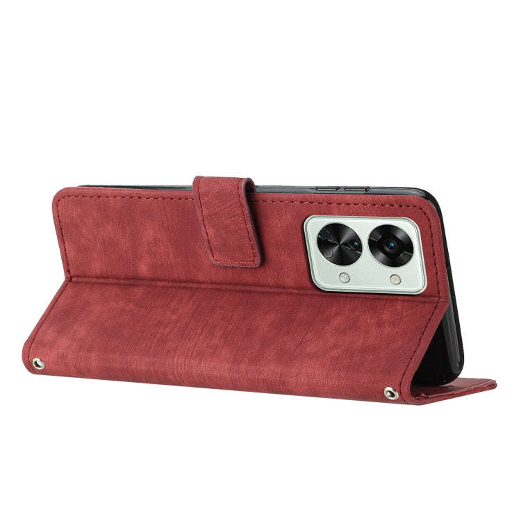 For OnePlus Nord 2T Skin Feel Stripe Pattern Leather Phone Case with Lanyard(Red)