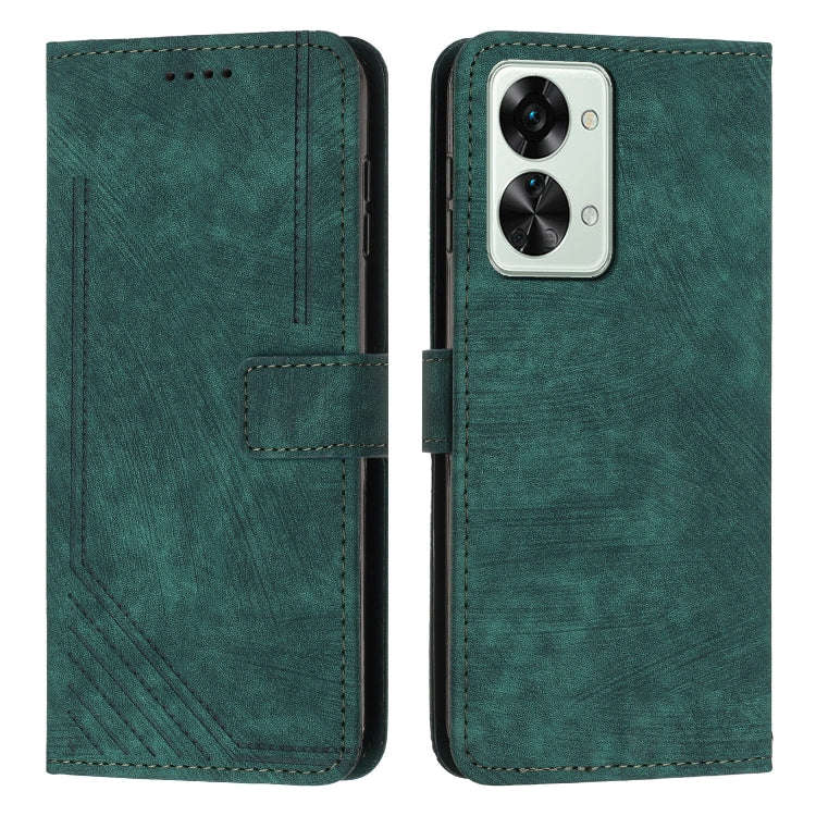 For OnePlus Nord 2T Skin Feel Stripe Pattern Leather Phone Case with Lanyard(Green)