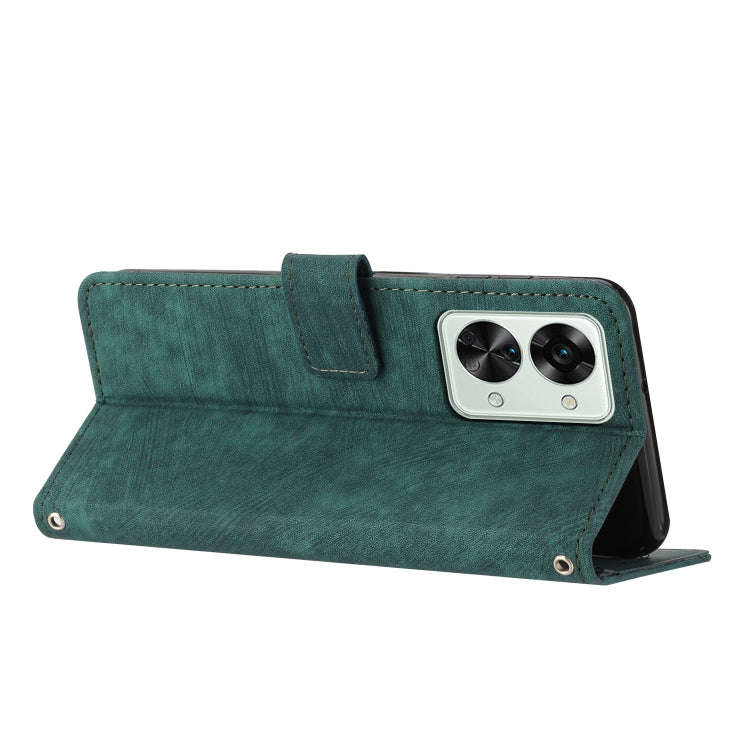 For OnePlus Nord 2T Skin Feel Stripe Pattern Leather Phone Case with Lanyard(Green)