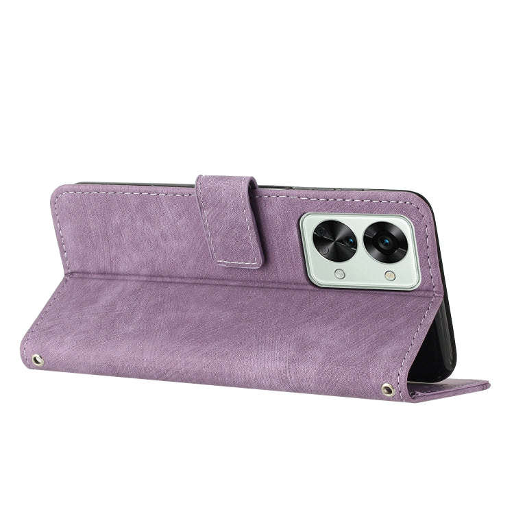 For OnePlus Nord 2T Skin Feel Stripe Pattern Leather Phone Case with Lanyard(Purple)
