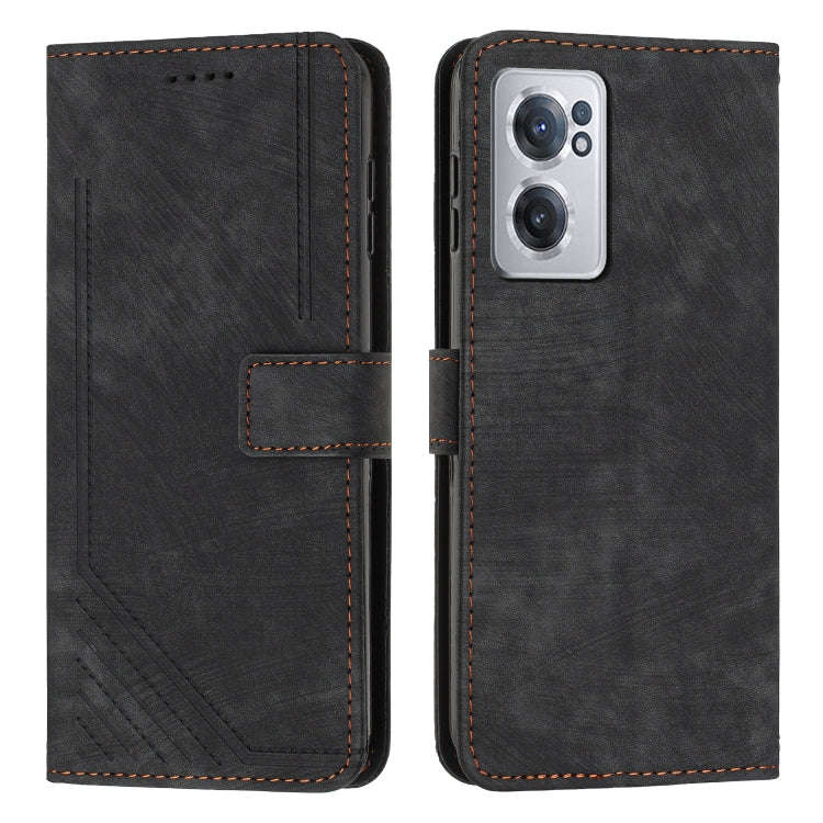 For OnePlus Nord CE 2 5G Skin Feel Stripe Pattern Leather Phone Case with Lanyard(Black)