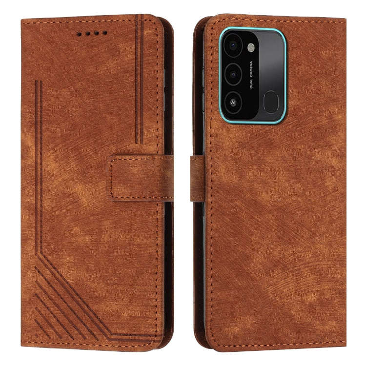 For Tecno Spark Go 2022 / Spark 8C Skin Feel Stripe Pattern Leather Phone Case with Lanyard(Brown)