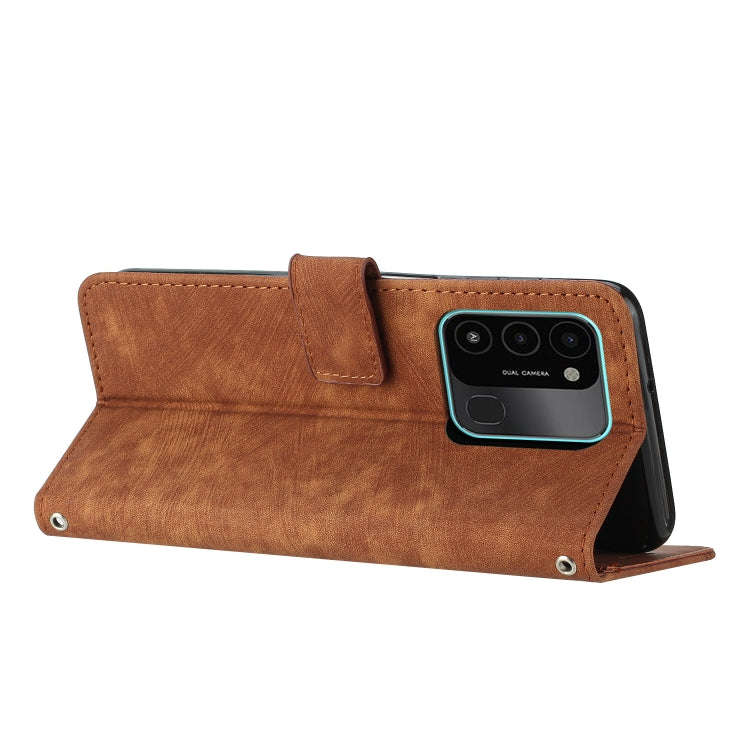 For Tecno Spark Go 2022 / Spark 8C Skin Feel Stripe Pattern Leather Phone Case with Lanyard(Brown)