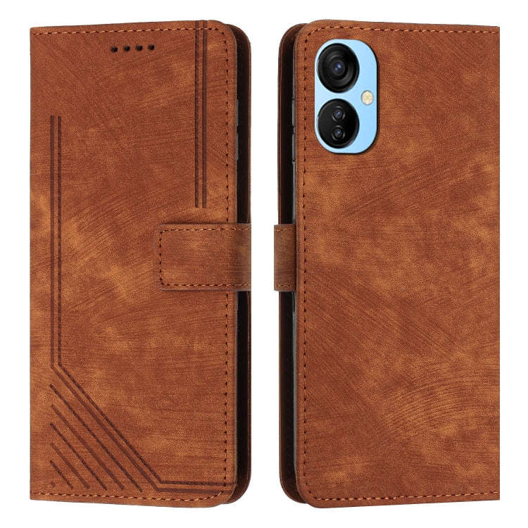 For Tecno Spark 9T Skin Feel Stripe Pattern Leather Phone Case with Lanyard(Brown)