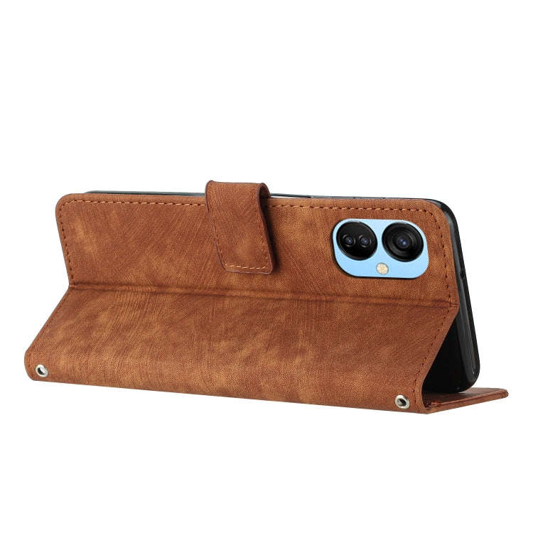 For Tecno Spark 9T Skin Feel Stripe Pattern Leather Phone Case with Lanyard(Brown)