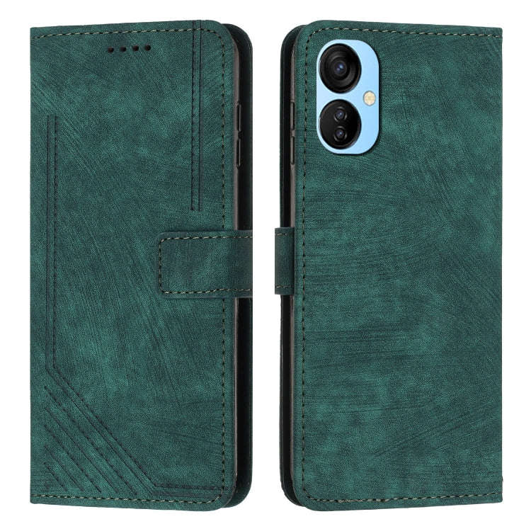 For Tecno Spark 9T Skin Feel Stripe Pattern Leather Phone Case with Lanyard(Green)