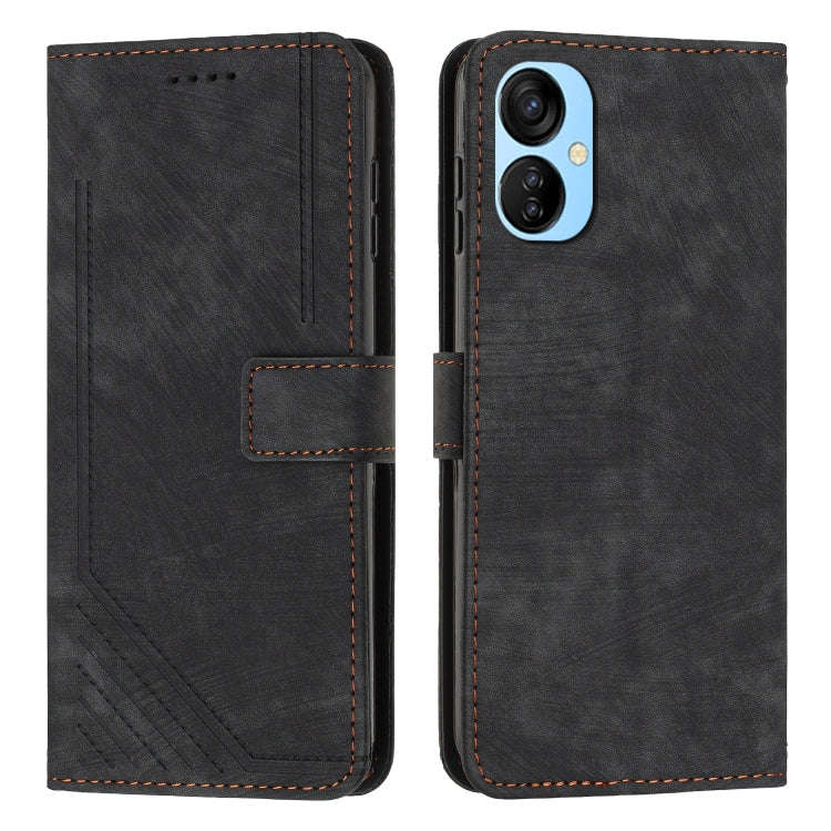 For Tecno Spark 9T Skin Feel Stripe Pattern Leather Phone Case with Lanyard(Black)