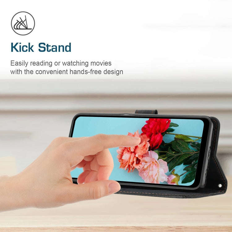 For Tecno Spark 9T Skin Feel Stripe Pattern Leather Phone Case with Lanyard(Black)