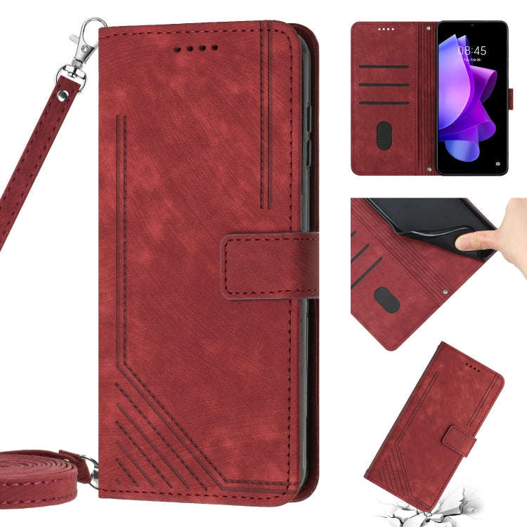 For Tecno Spark 9 Pro Skin Feel Stripe Pattern Leather Phone Case with Lanyard(Red)