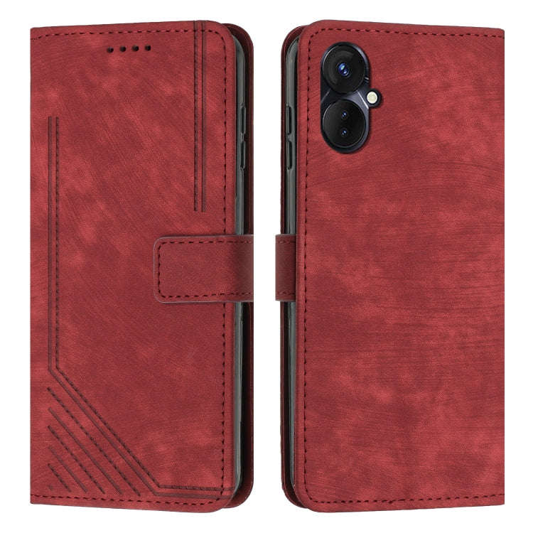 For Tecno Spark 9 Pro Skin Feel Stripe Pattern Leather Phone Case with Lanyard(Red)