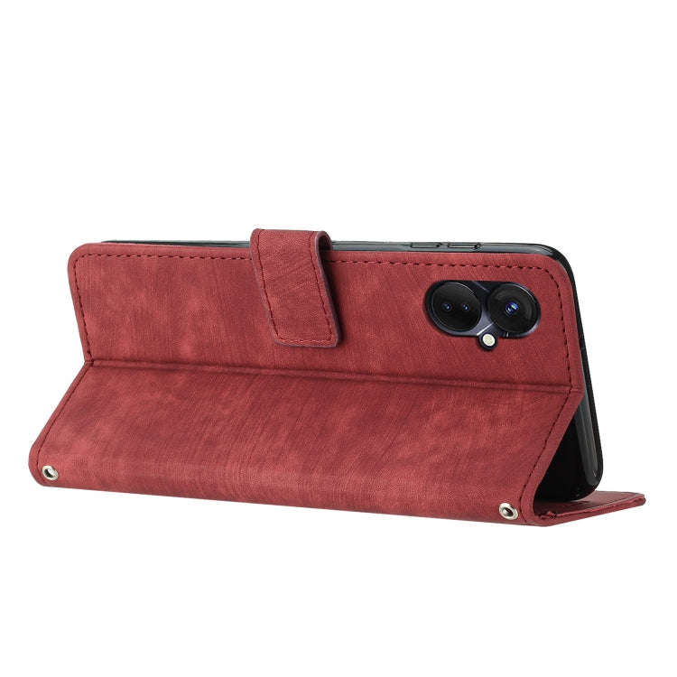 For Tecno Spark 9 Pro Skin Feel Stripe Pattern Leather Phone Case with Lanyard(Red)