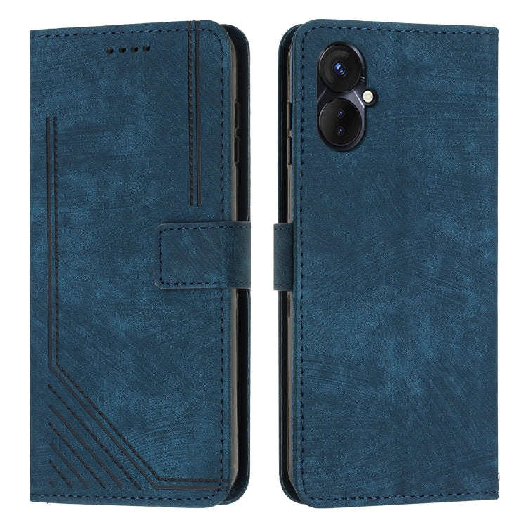 For Tecno Spark 9 Pro Skin Feel Stripe Pattern Leather Phone Case with Lanyard(Blue)