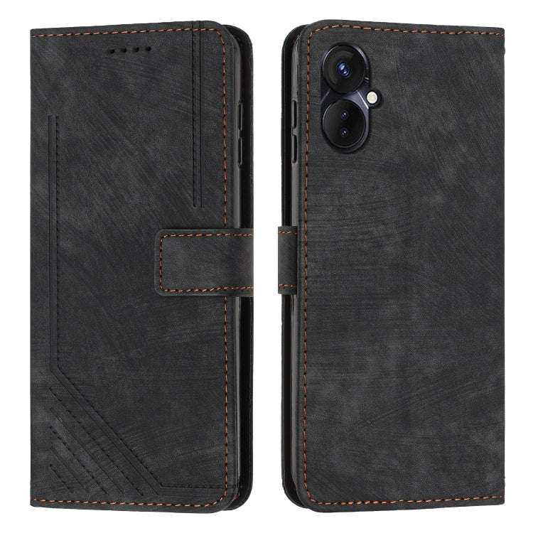 For Tecno Spark 9 Pro Skin Feel Stripe Pattern Leather Phone Case with Lanyard(Black)