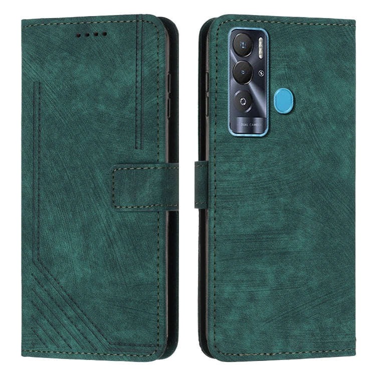For Tecno Pova Neo Skin Feel Stripe Pattern Leather Phone Case with Lanyard(Green)