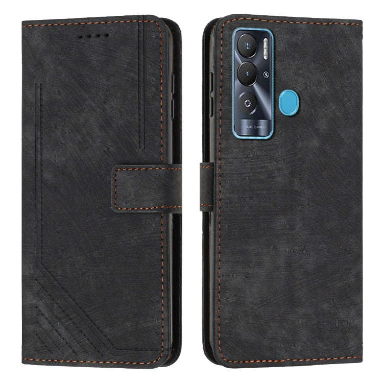 For Tecno Pova Neo Skin Feel Stripe Pattern Leather Phone Case with Lanyard(Black)