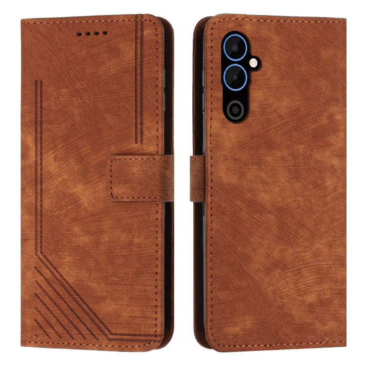 For Tecno Pova 4 Pro Skin Feel Stripe Pattern Leather Phone Case with Lanyard(Brown)