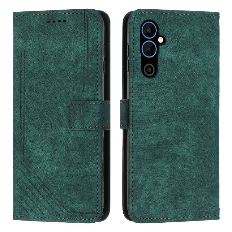 For Tecno Pova 4 Skin Feel Stripe Pattern Leather Phone Case with Lanyard(Green)