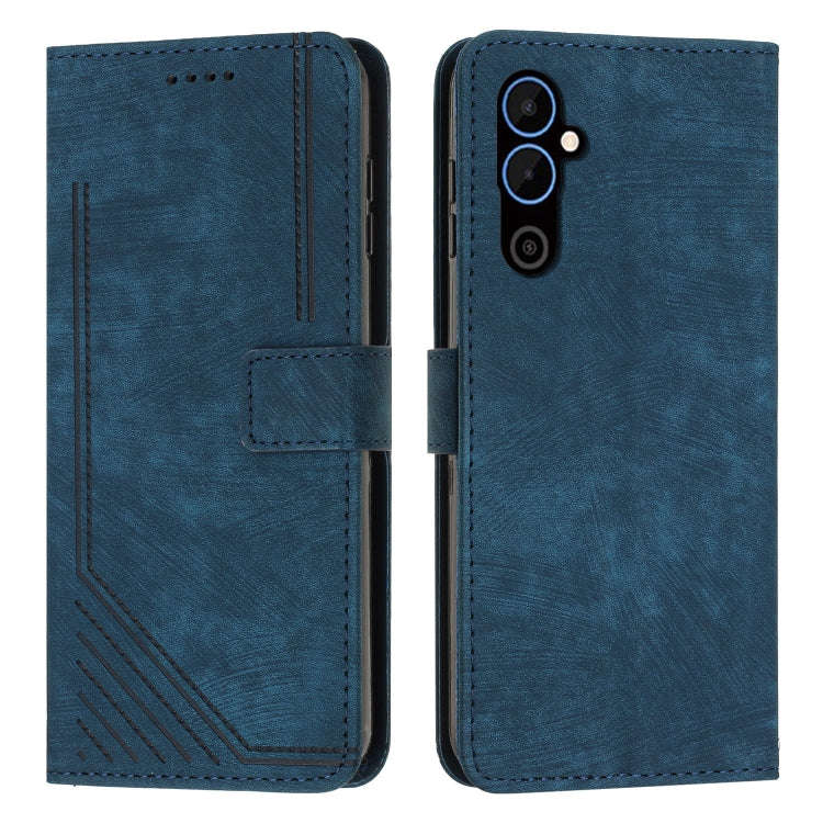 For Tecno Pova 4 Skin Feel Stripe Pattern Leather Phone Case with Lanyard(Blue)