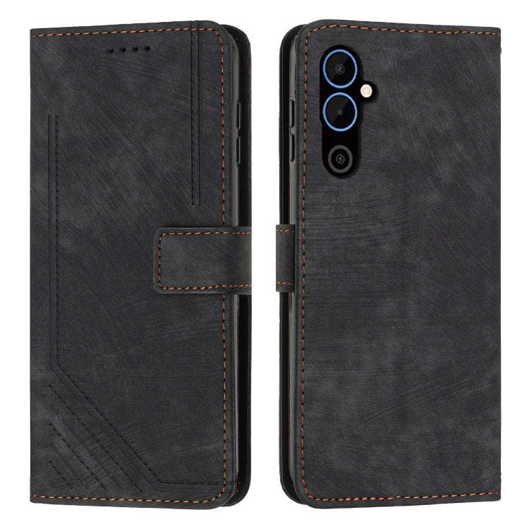 For Tecno Pova 4 Skin Feel Stripe Pattern Leather Phone Case with Lanyard(Black)