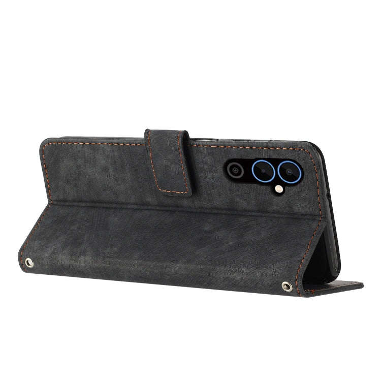 For Tecno Pova 4 Skin Feel Stripe Pattern Leather Phone Case with Lanyard(Black)