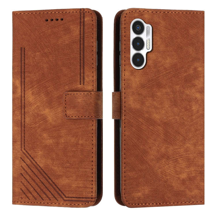 For Tecno Pova 3 Skin Feel Stripe Pattern Leather Phone Case with Lanyard(Brown)